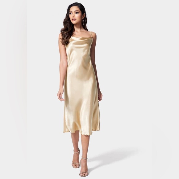 bebe Dresses & Skirts - Bebe SATIN COWL NECK SLIP MIDI DRESS in bronze champagne silky retro size medium